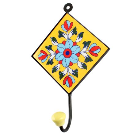 Yellow Base Turquoise Sunflower Ceramic Tile Hook 